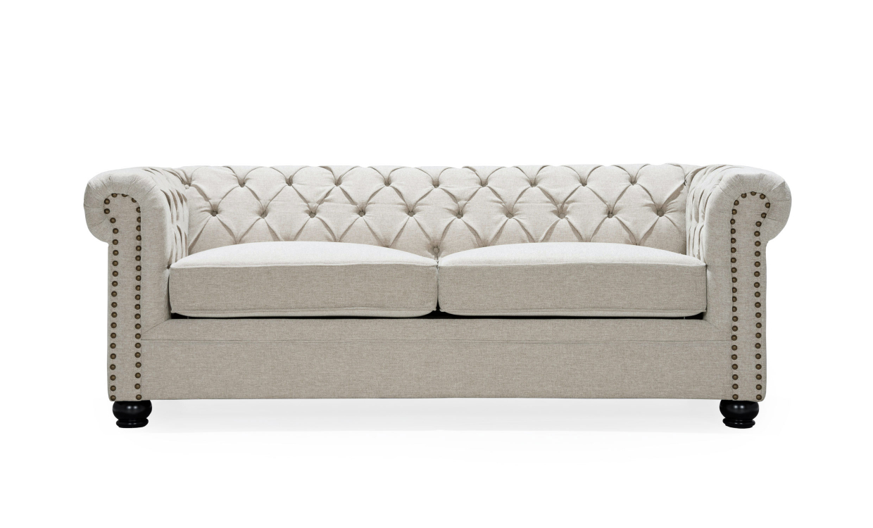 WINDSOR chesterfield bäddsoffa i beige med låg djupknäppt rygg