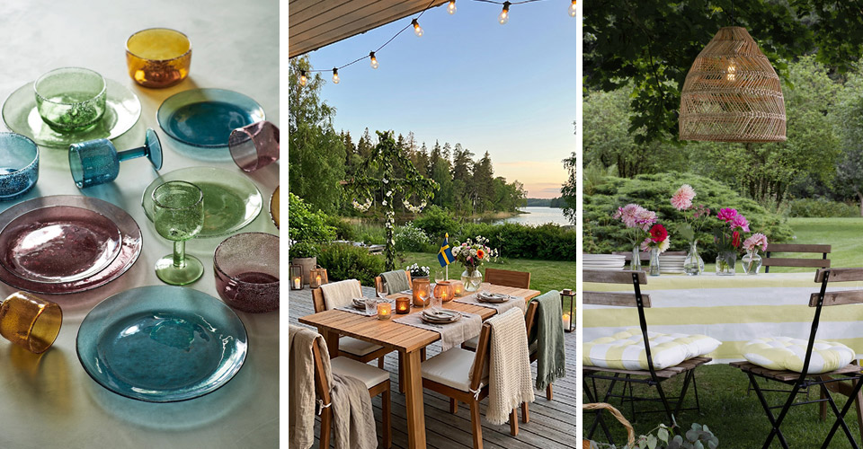 Tre sommarstilar: färgglada glasskålar och -tallrikar i grönt, lila och amber, mysig terrassmiddag med utsikt över sjö och svensk flagga, samt trädgårdsdukning med randig duk och rotting-lampskärm.