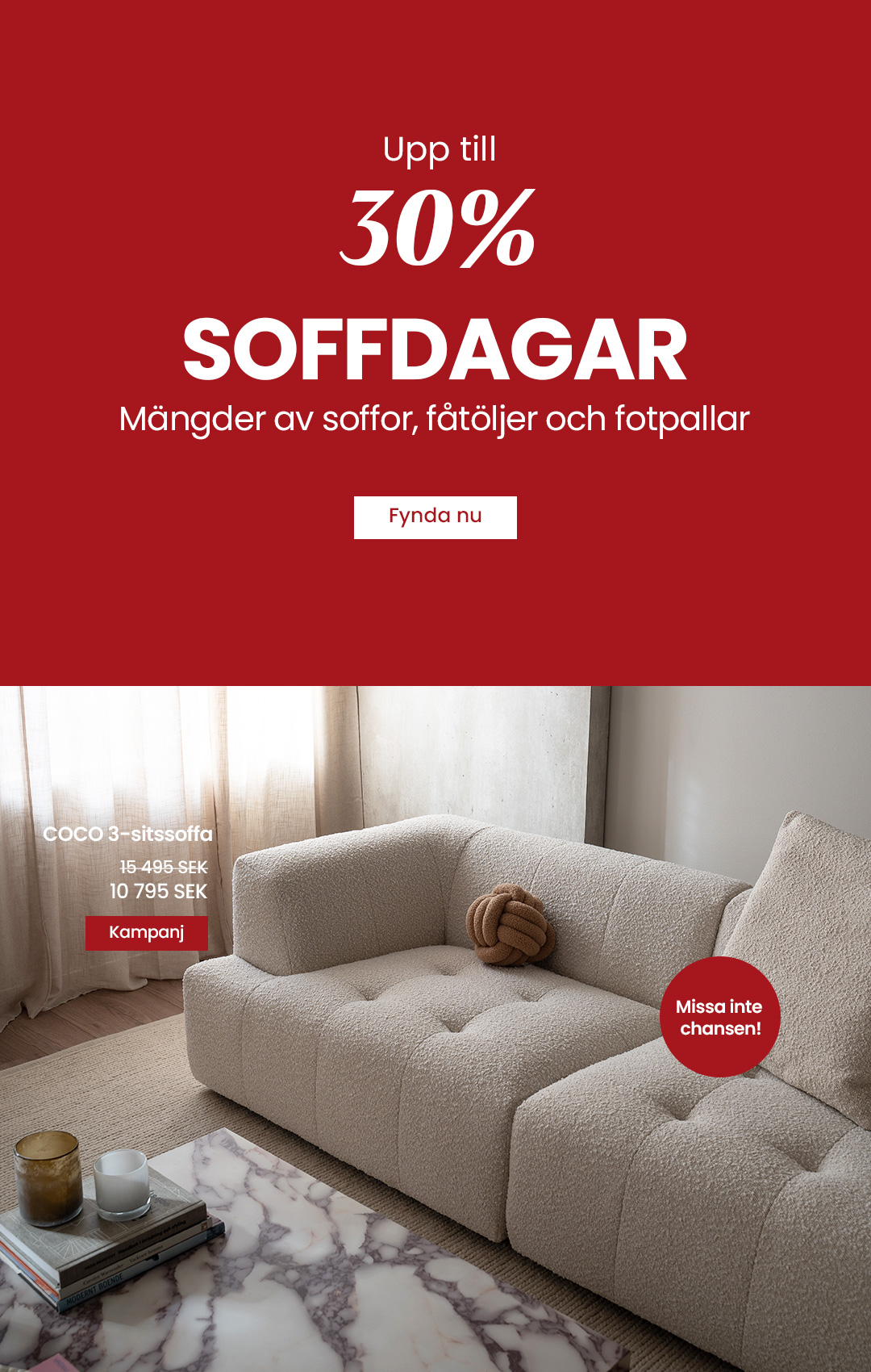 Soffdagar - upp till 30% p soffor, ftljer och fotpallar
